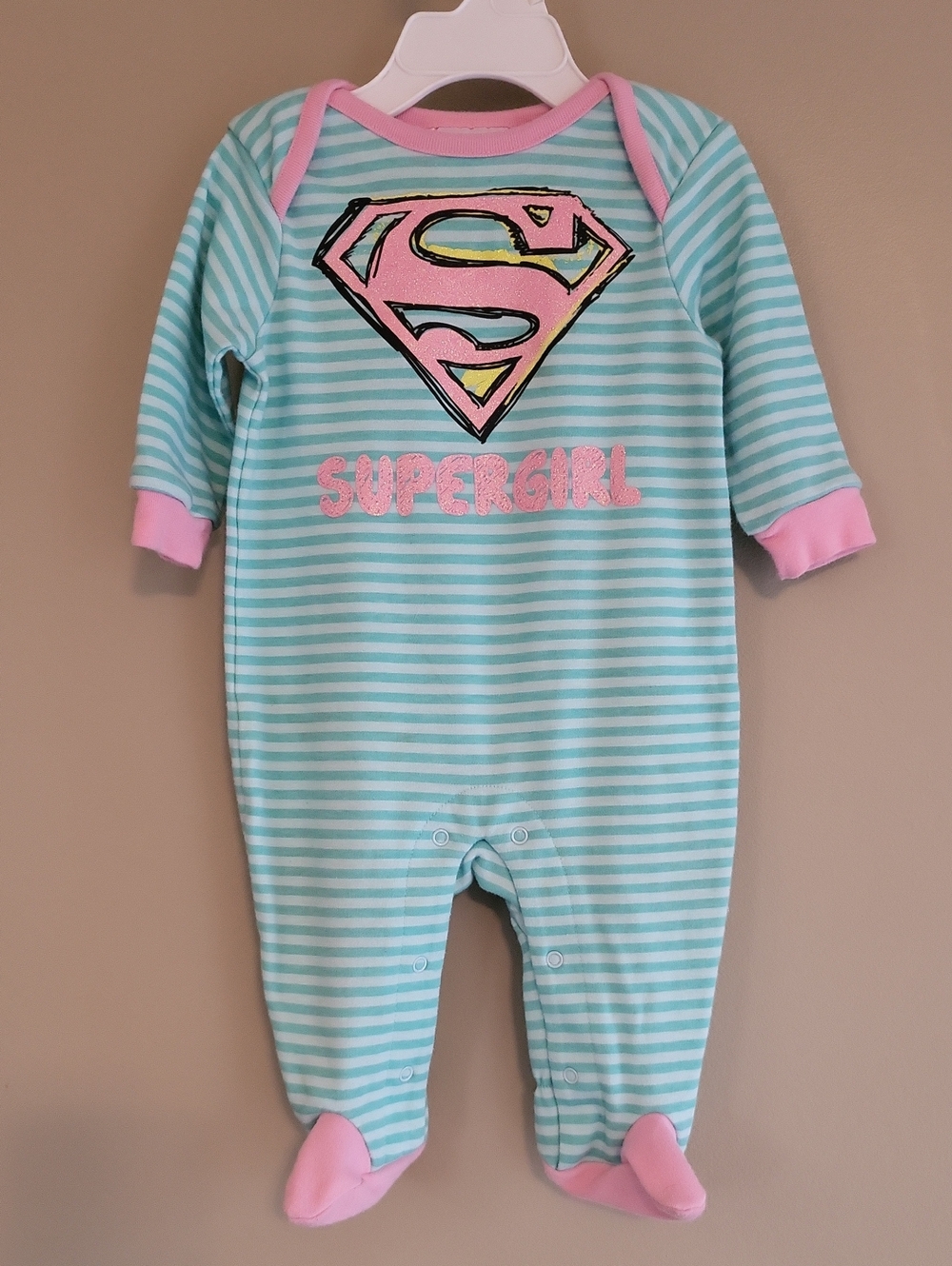 Supergirl mint green & pink striped footed sleeper/footie